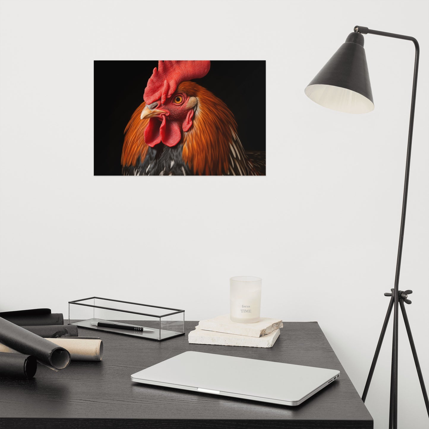 Bird Wall Decor: Crimson Crown Rooster Portrait Photorealism - Digital Artwork Loose Art Print