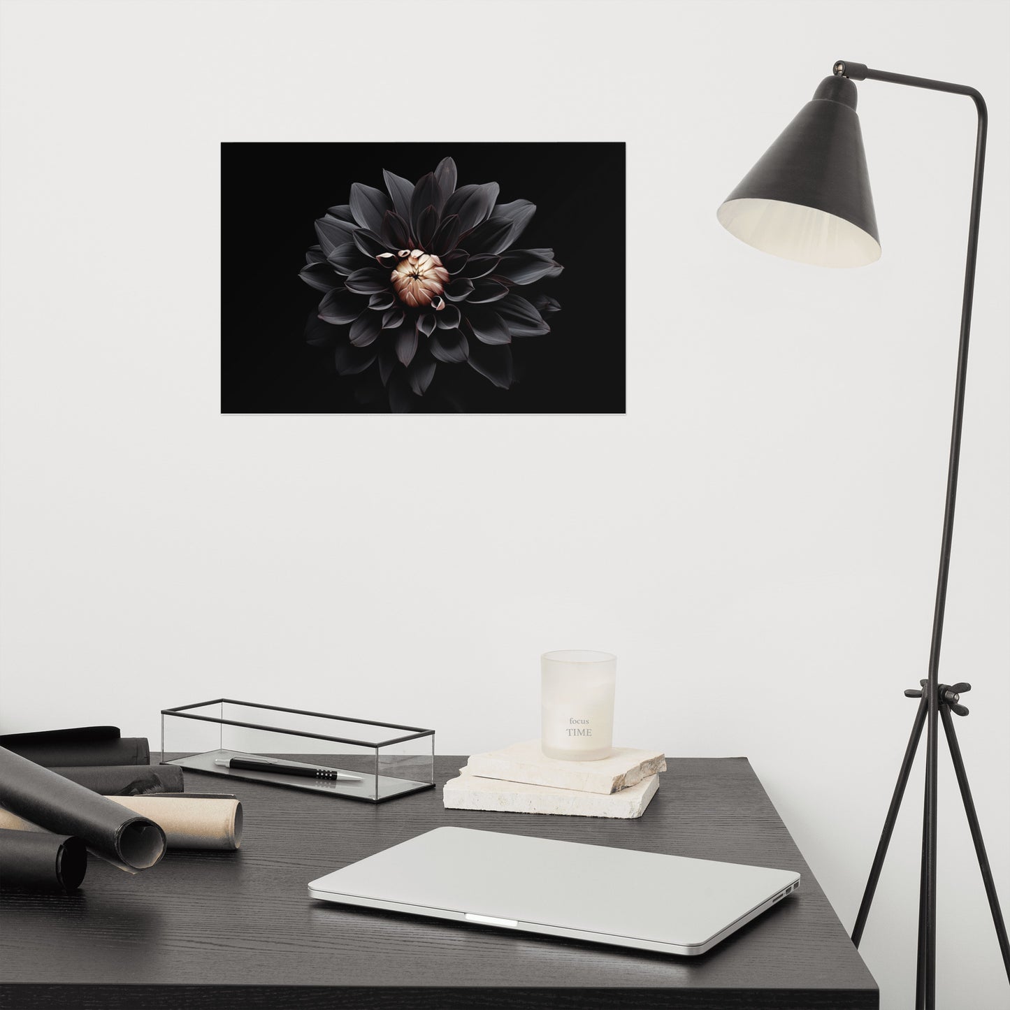 Floral Painting: Dahlia in the Shadows Black Flowers Photorealism - Digital Artwork Loose Art Print