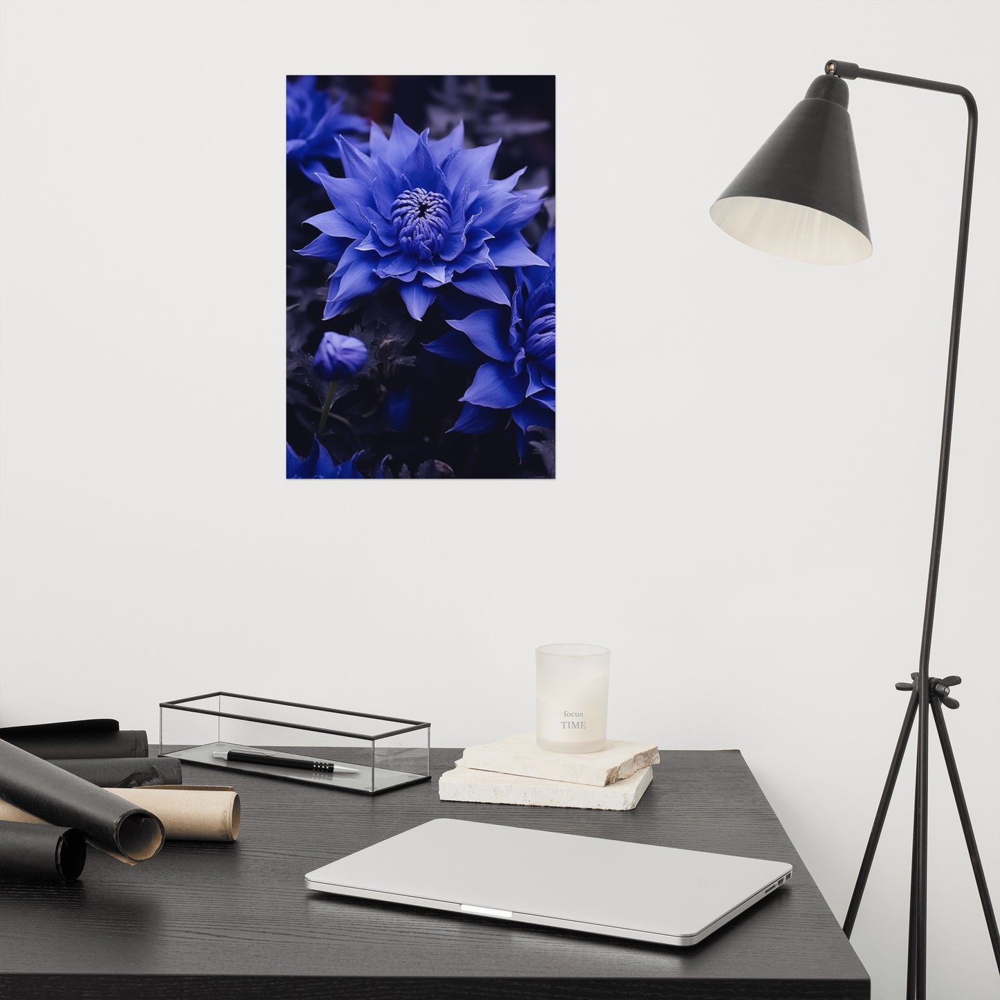 Blue Flower Painting: Dahlia Majesty Photorealism - Digital Artwork Loose Art Print