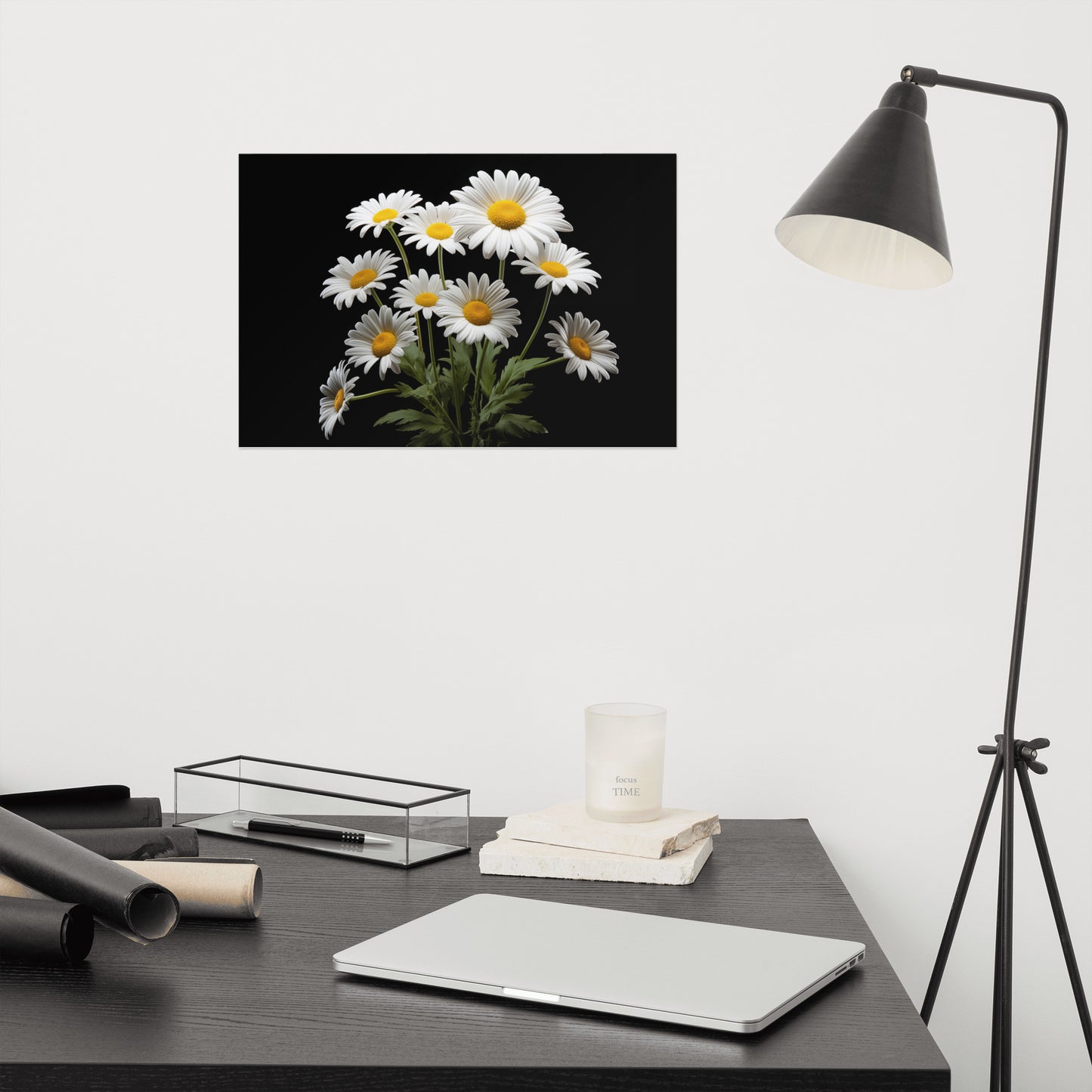 Flower Poster Painting: Daisies on Black Photorealism - Digital Artwork Loose Art Print