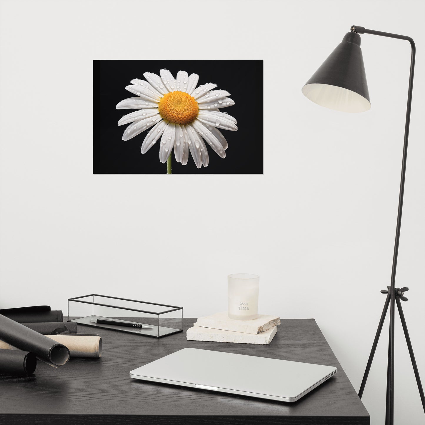 White Flower Black Background Painting: Dew-kissed Daisy Floral Photorealism - Digital Artwork Loose Art Print