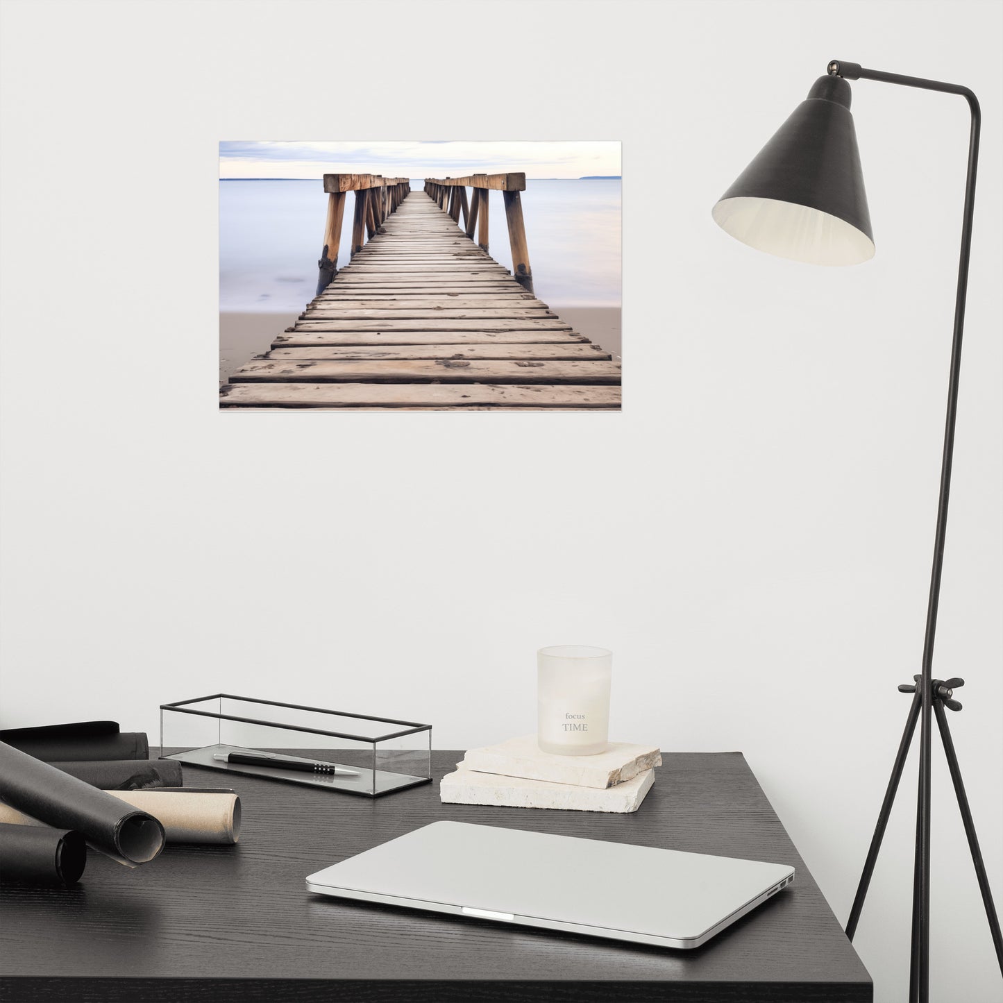 Beach and Coastal Wall Art: Echoes of the Sea Abandoned Weathered Pier Beach Subdued Photorealism - Digital Artwork Loose Art Print