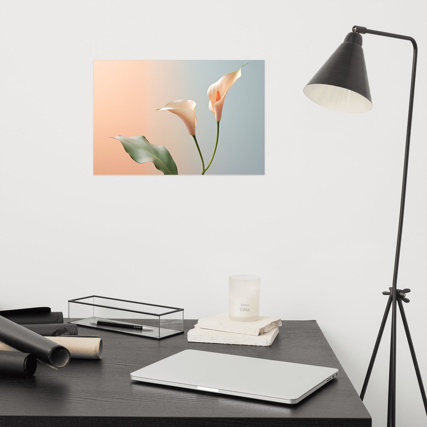 Coral Floral Wall Art: Elegant Embrace Calla Lily Minimal Photorealism - Digital Artwork Loose Art Print