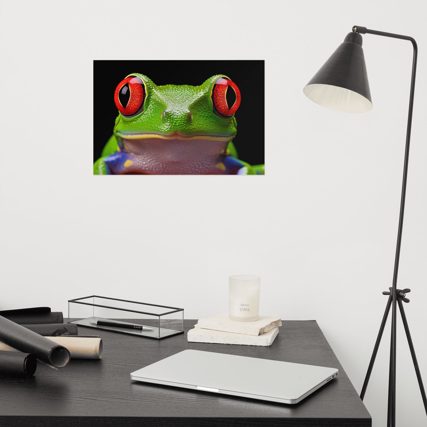 Frog and Toad Wall Art: Emerald Enchantment Red Eyed Tree Frog Close-up Photorealism - Digital Artwork Loose Art Print