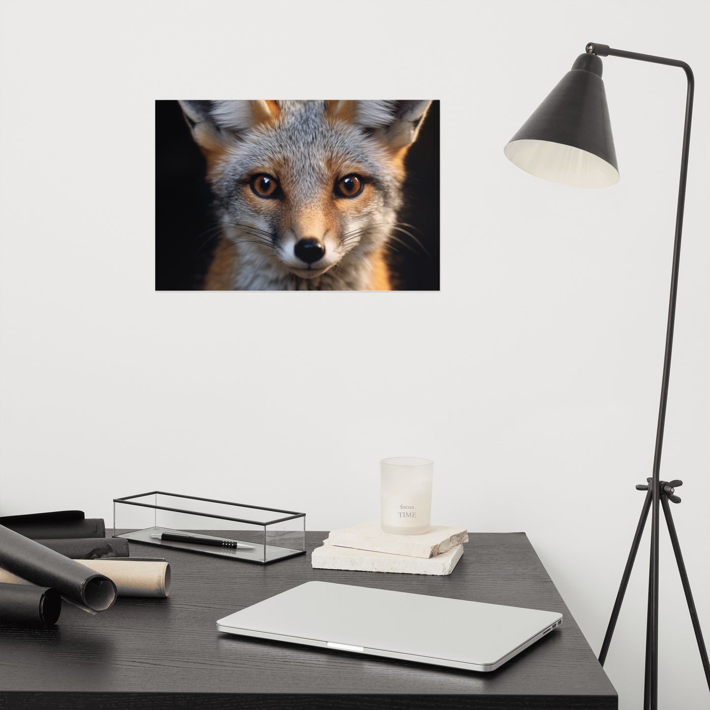 Foxfire Gaze Gray Fox Photorealism - Digital Artwork Loose Art Print