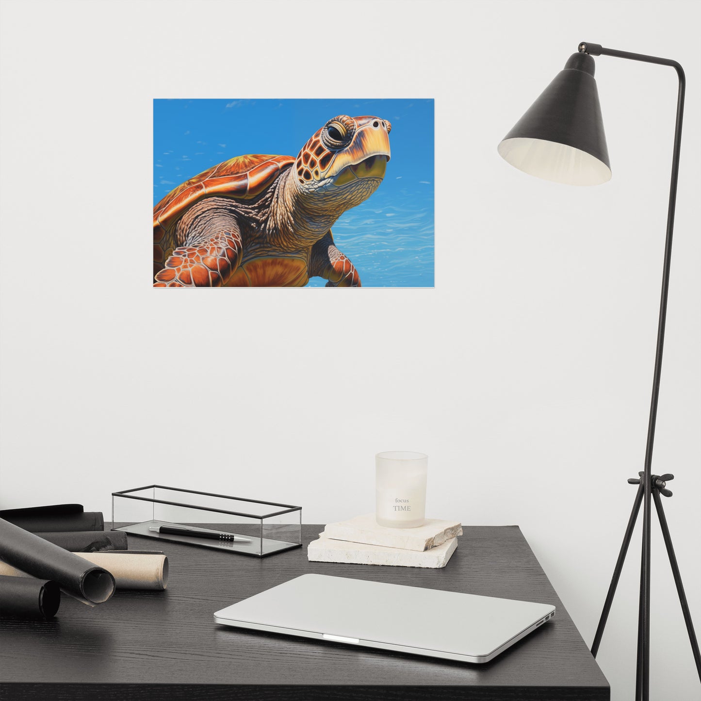 Journey Through the Blue Sea Turtle Coastal Photorealism - Digital Artwork Loose Art Print