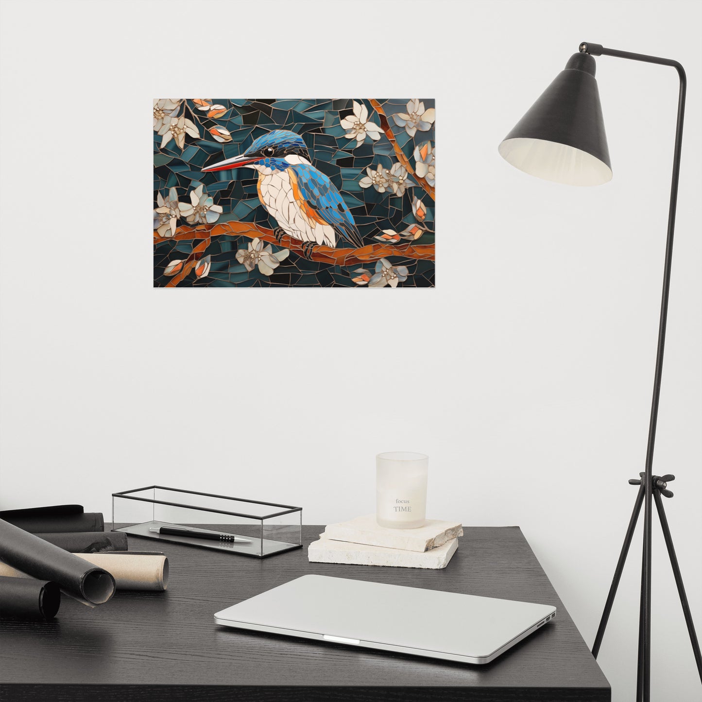 Kingfisher Among Blossoms Mosaic Illustration - Digital Artwork Loose Art Print