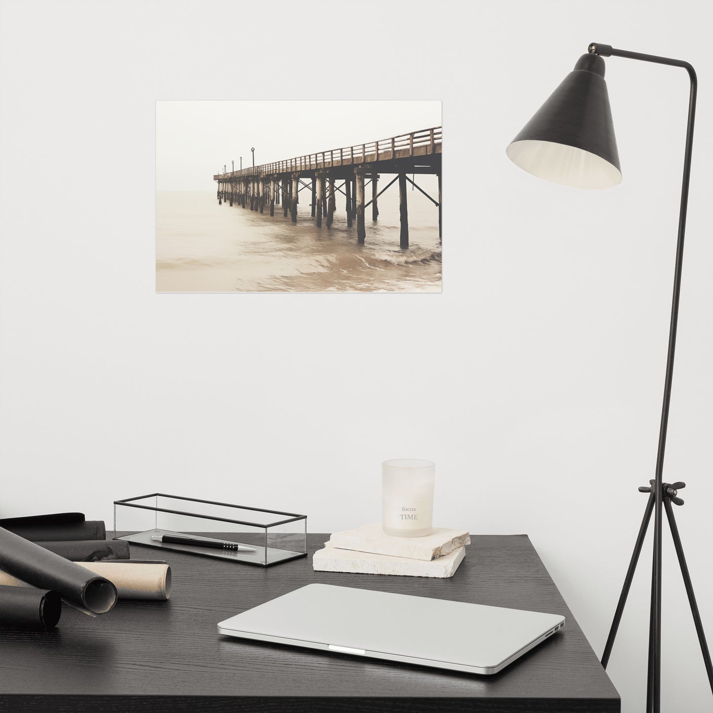 The Pier in the Fog Subdued Retro Coastal Photorealism - Digital Artwork Loose Art Print