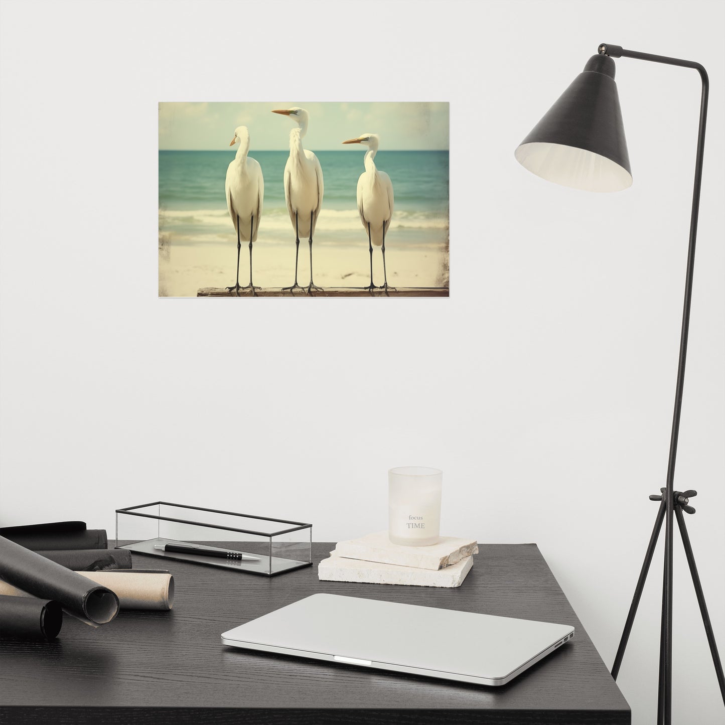 Nature's Serenity Egret Retro Subdued Photorealism - Digital Artwork Loose Art Print