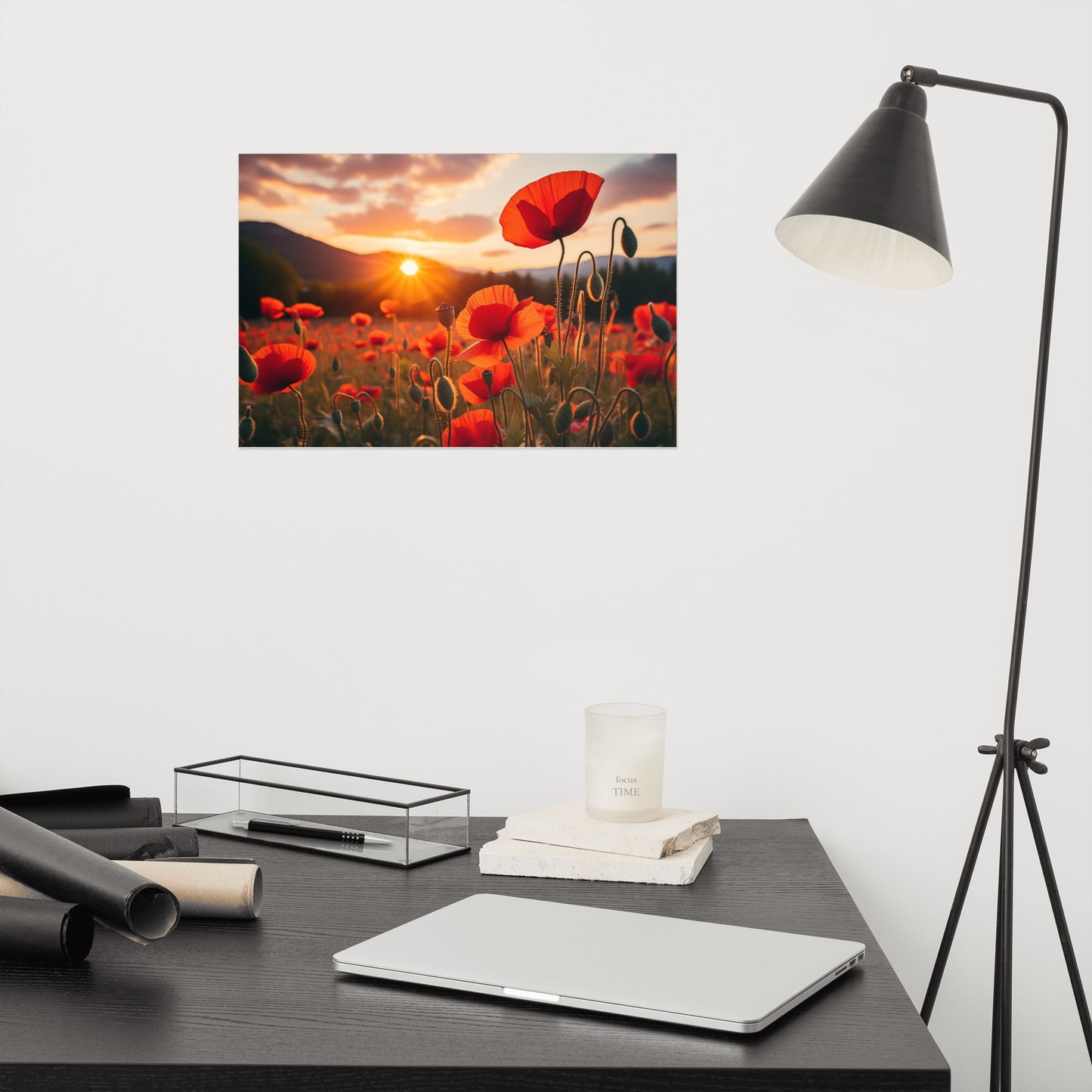 Scarlet Serenade Poppy Field Sunset Photorealism - Digital Artwork Loose Art Print