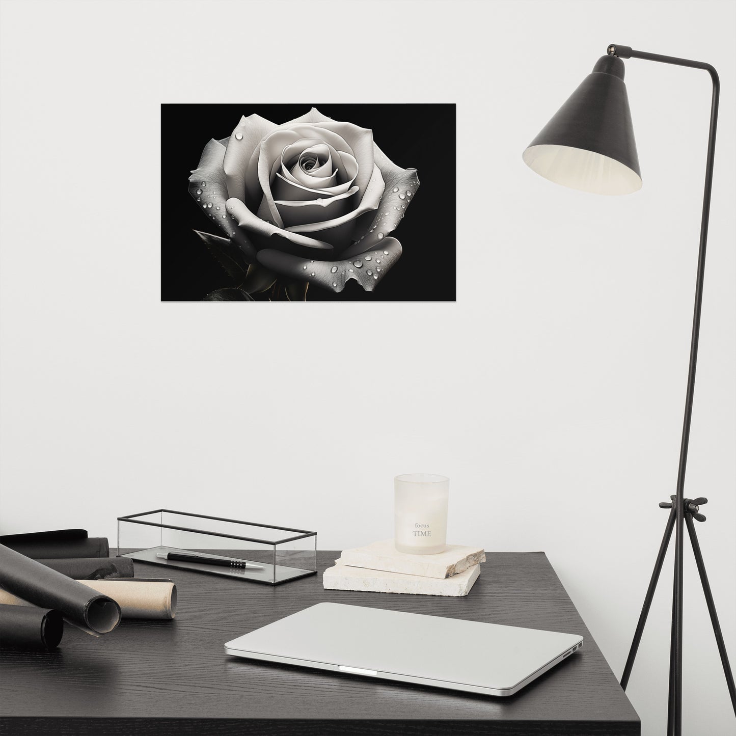 Silver Tears Black and White Rose Photorealism - Digital Artwork Loose Art Print