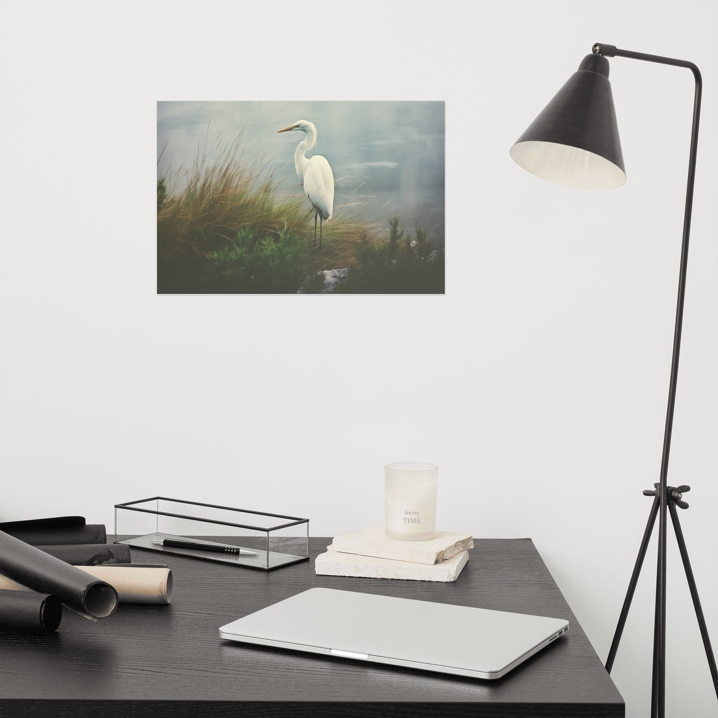 Solitary Sentinel Egret Retro Subdued Photorealism - Digital Artwork Loose Art Print