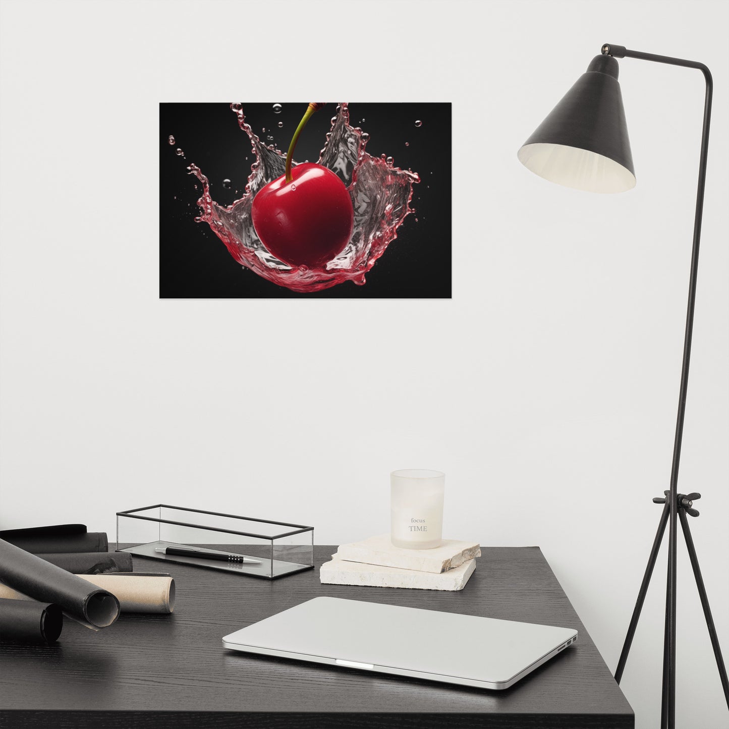 Splash of Red Cherry in Water Photorealism - Digital Artwork Loose Art Print