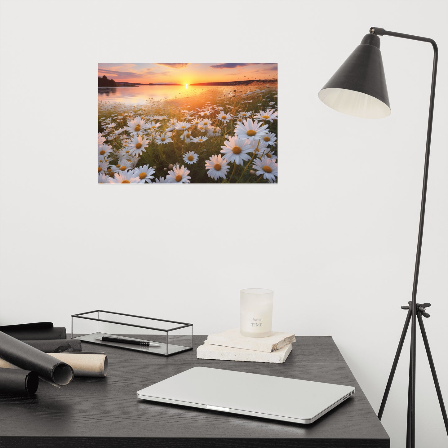 Sunset Serenade Daisy Field Photorealism - Digital Artwork Loose Art Print