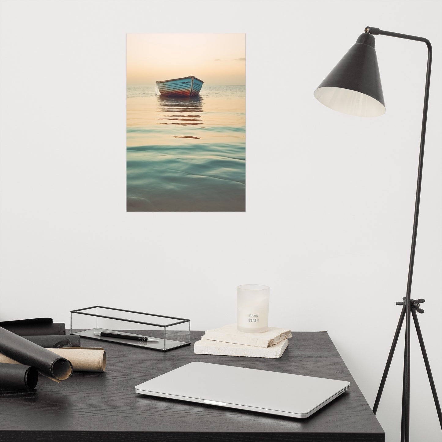 Sunset Silhouette Abandoned Weathered Boat Beach Subdued Photorealism - Digital Artwork Loose Art Print