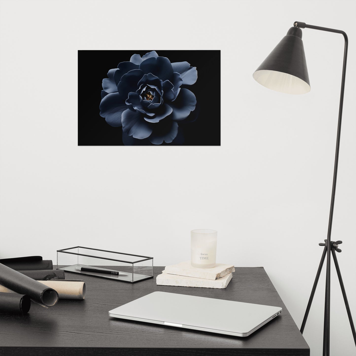 Starlit Blooms Dark Navy Blue Flower - Realism Painting Digital Artwork Loose Art Print