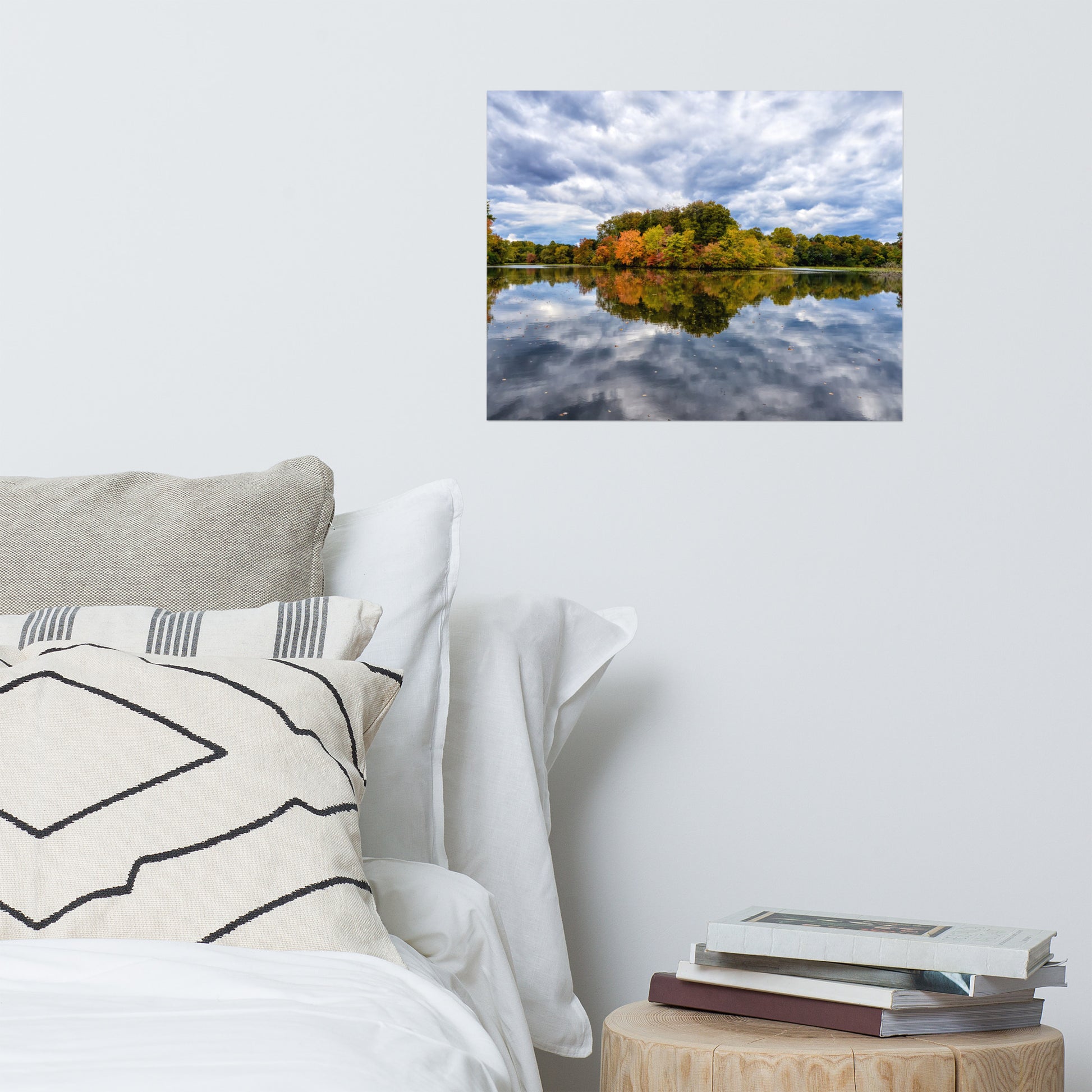 Spare Bedroom Prints: Fall Trees on Edge of Pond With Stormy Sky - Rustic / Rural / Country Style Landscape / Nature Loose / Unframed / Frameless / Frameable Photograph Wall Art Print - Artwork
