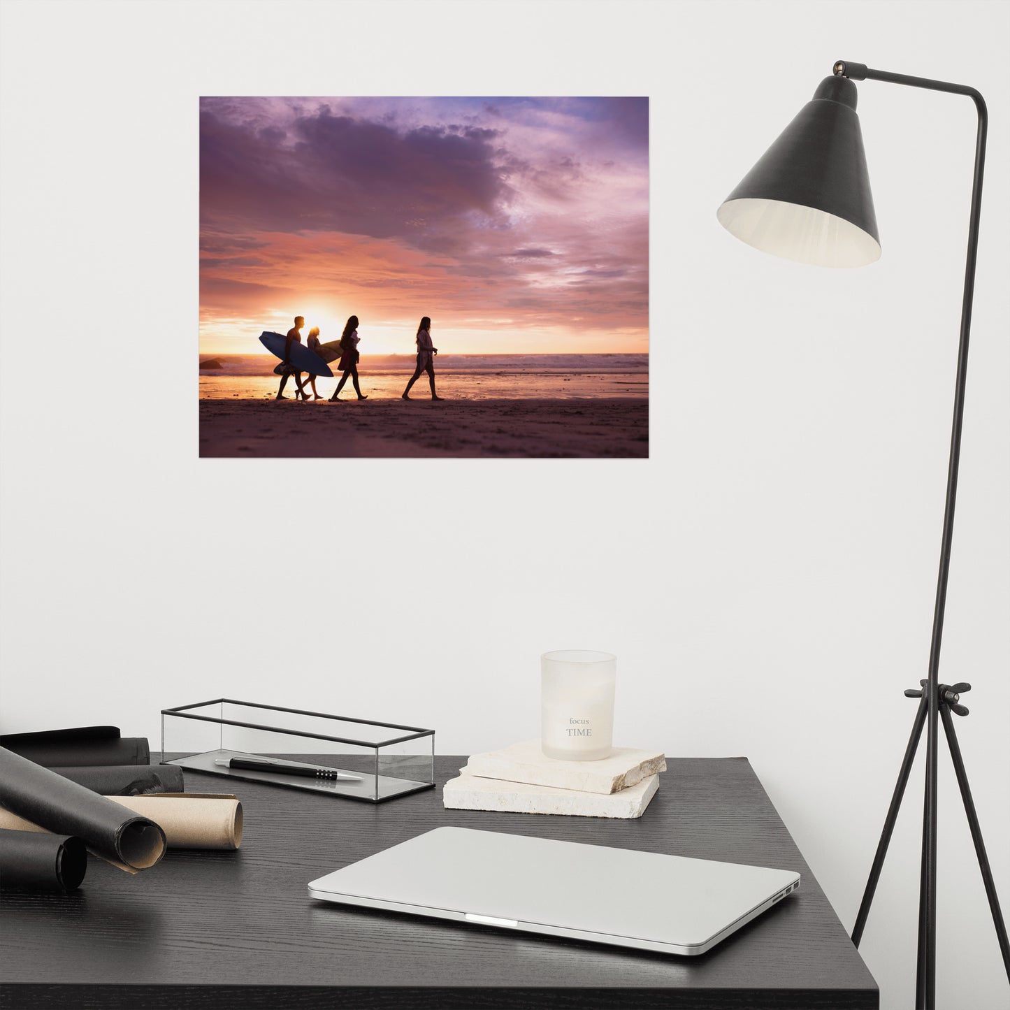 Surfers and Sunset on the Shore Coastal Landscape Lifestyle Photograph Loose Wall Art Print