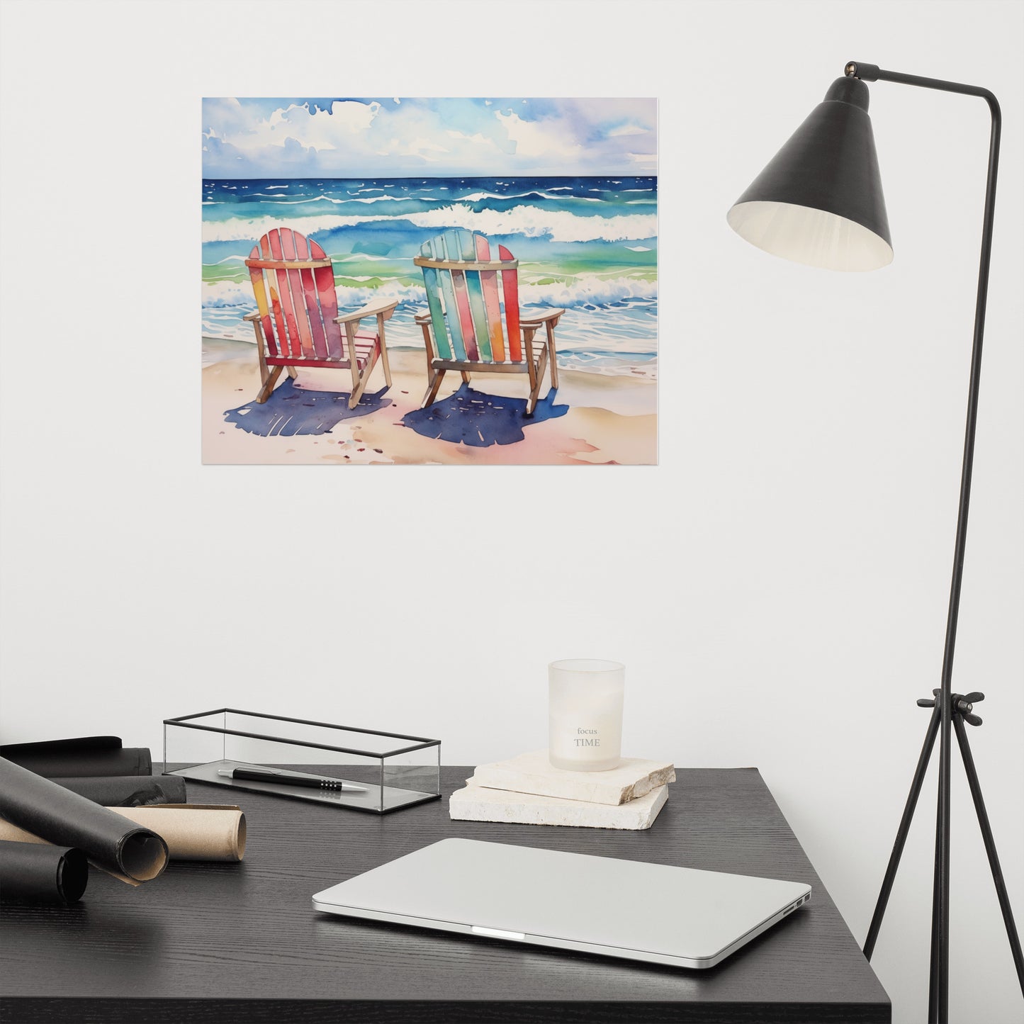 Chair on Beach Painting: "A Sunny Day for Two" Watercolor Painting Illustration - Digital Artwork Loose Wall Art Print