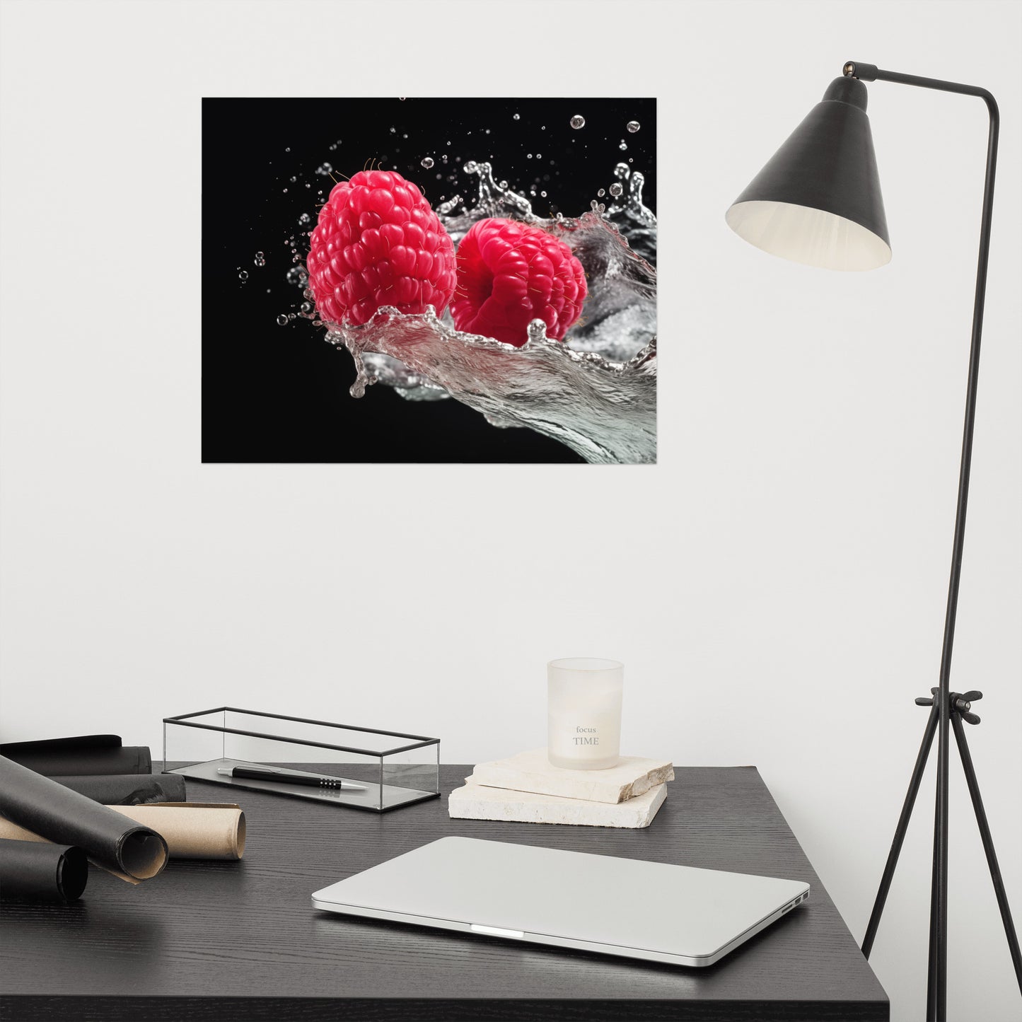 Burst of Freshness Raspberries in Water Photorealism Painting - Digital Artwork Loose Art Print