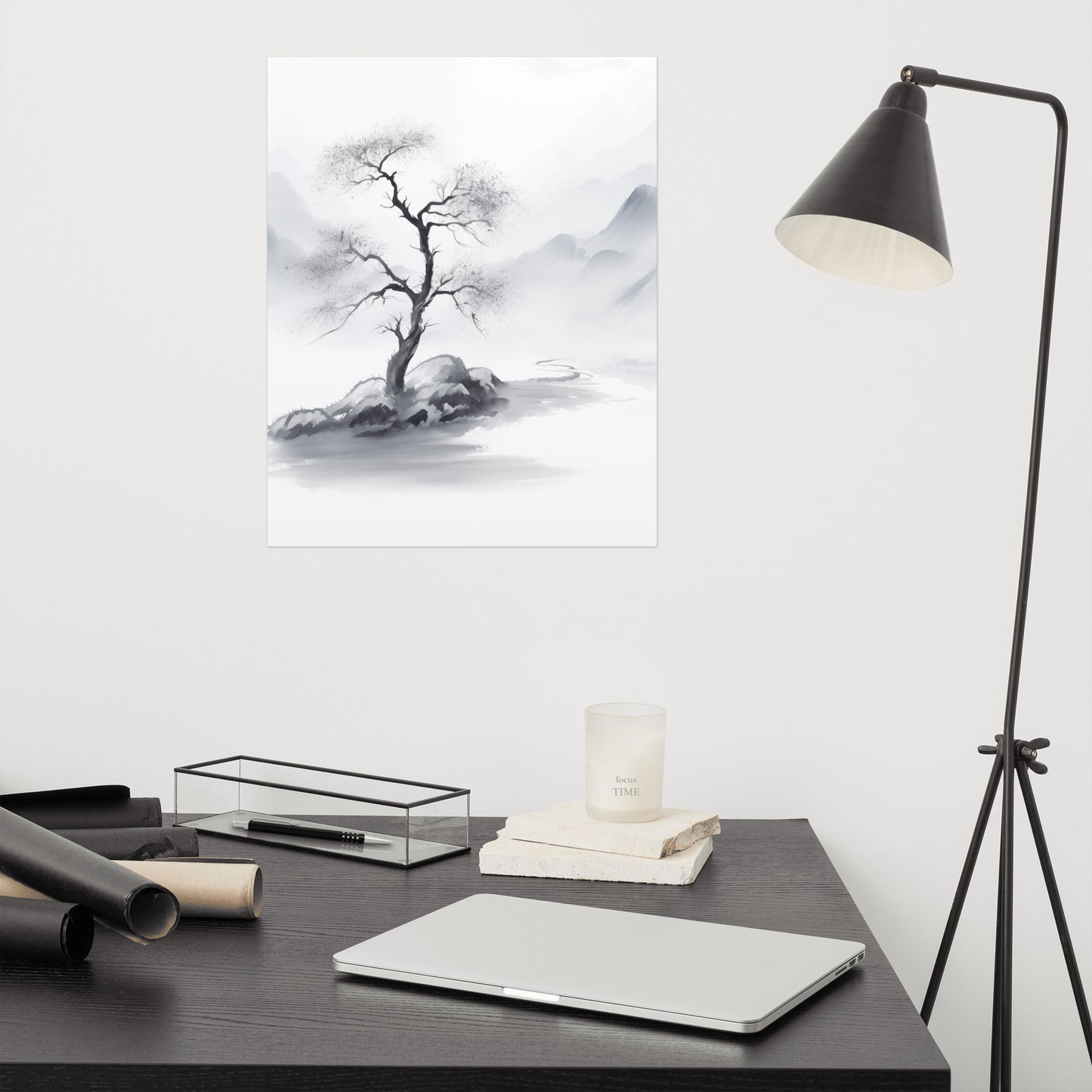 Tree Art: Cliffside Sentinel Ink Painting - Digital Artwork Loose Print