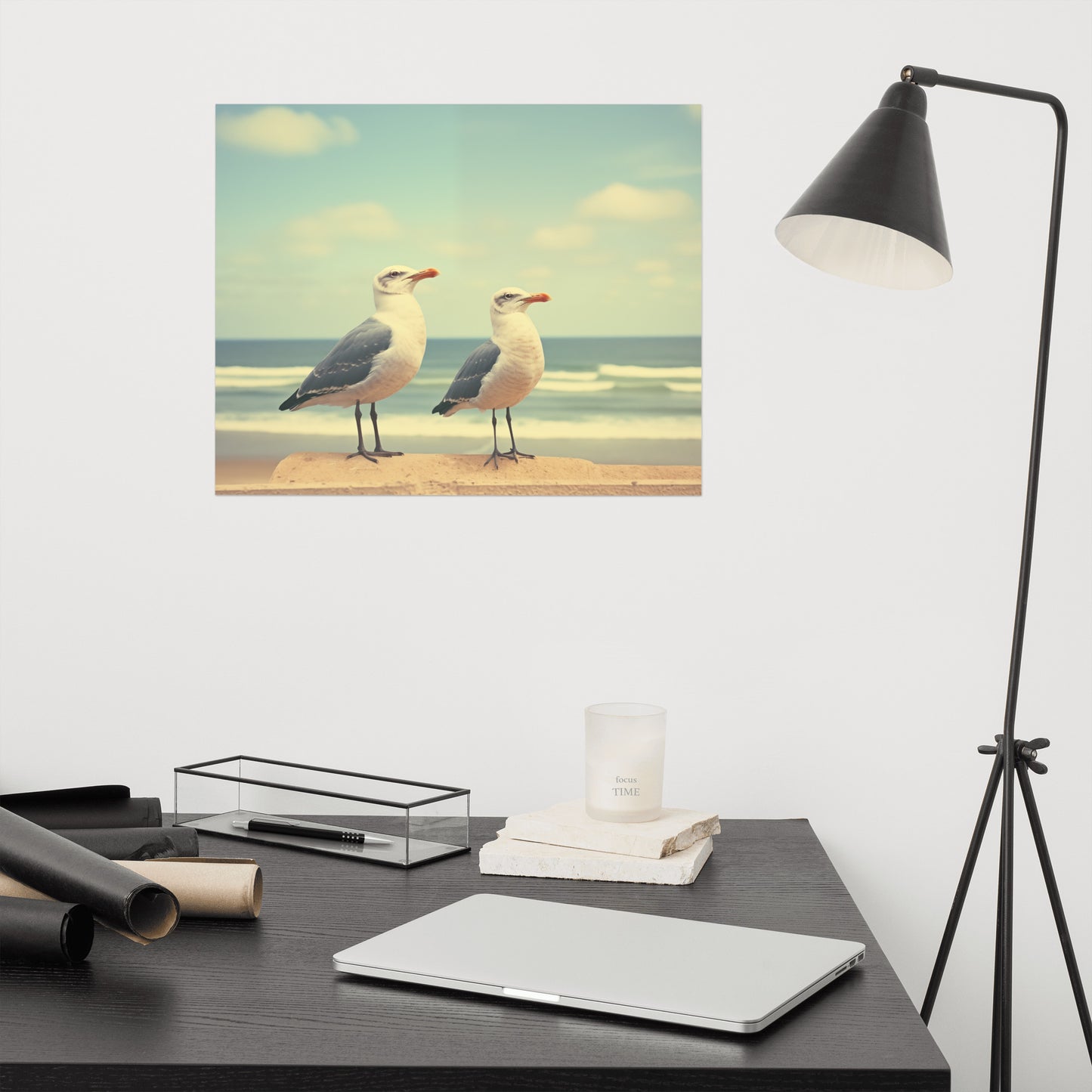 Bird Artwork Prints: Coastal Companions Vintage Retro Subdued Seagulls Photorealism - Digital Artwork Loose Art Print