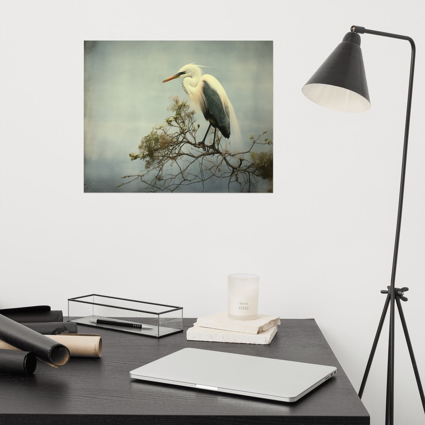 Heron Print: Coastal Solitude Egret Retro Subdued Photorealism - Digital Artwork Loose Art