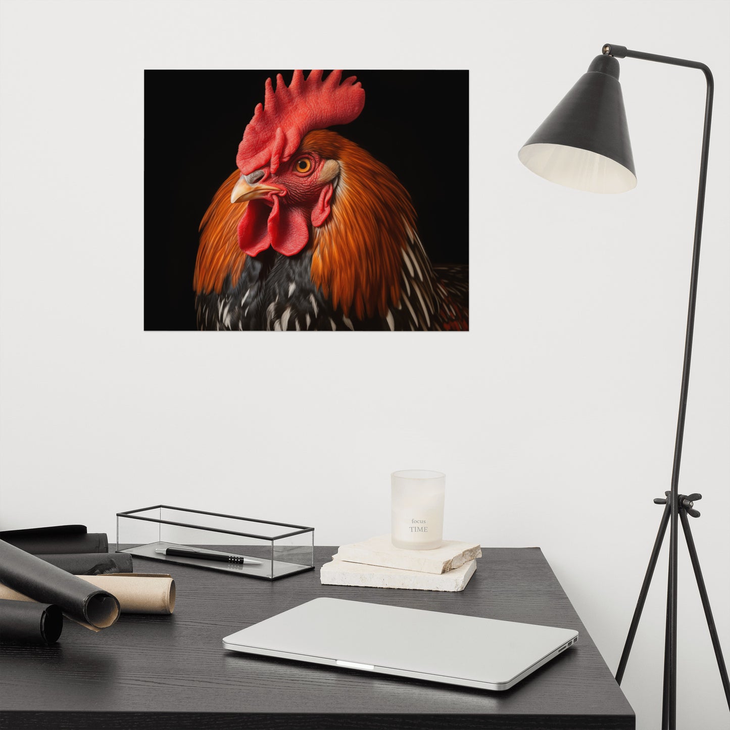 Bird Wall Decor: Crimson Crown Rooster Portrait Photorealism - Digital Artwork Loose Art Print