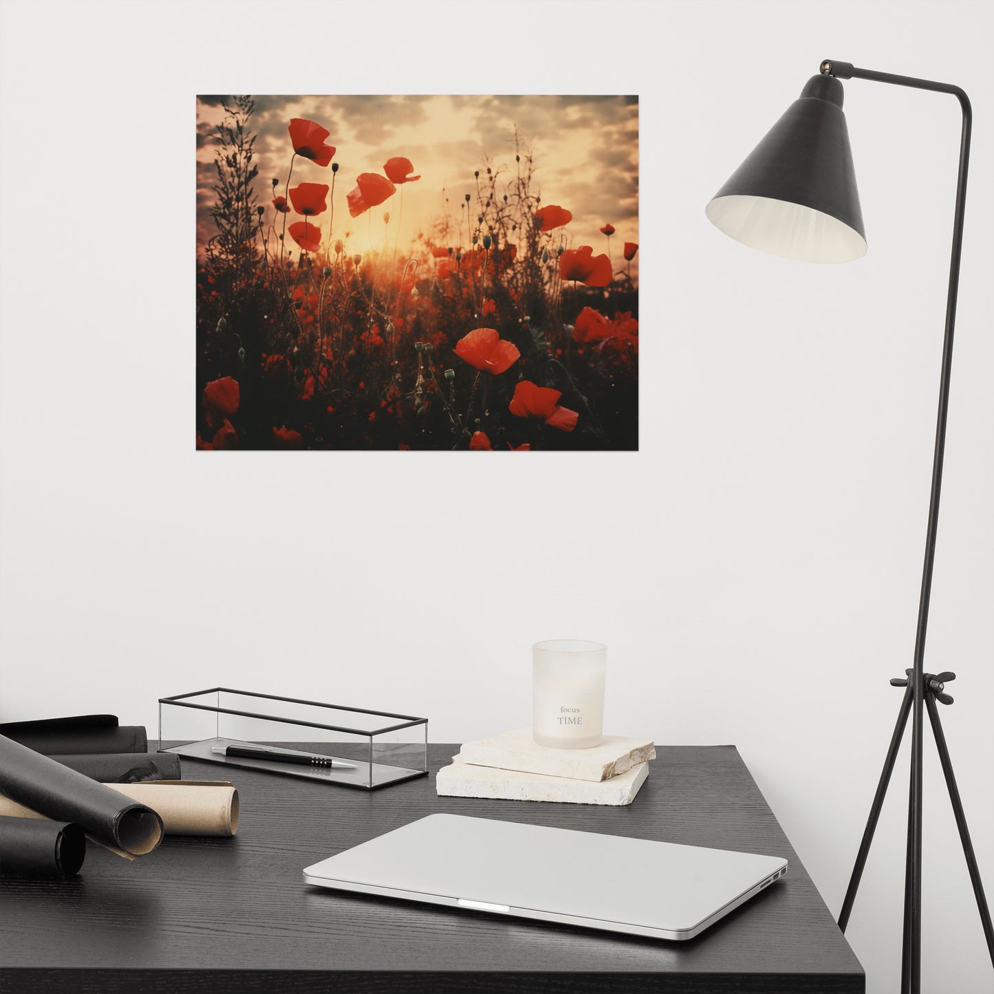 Prints of Flowers for Framing: Crimson Sunset Serenade Poppy Field Retro Subdued - Digital Artwork Loose Art Print