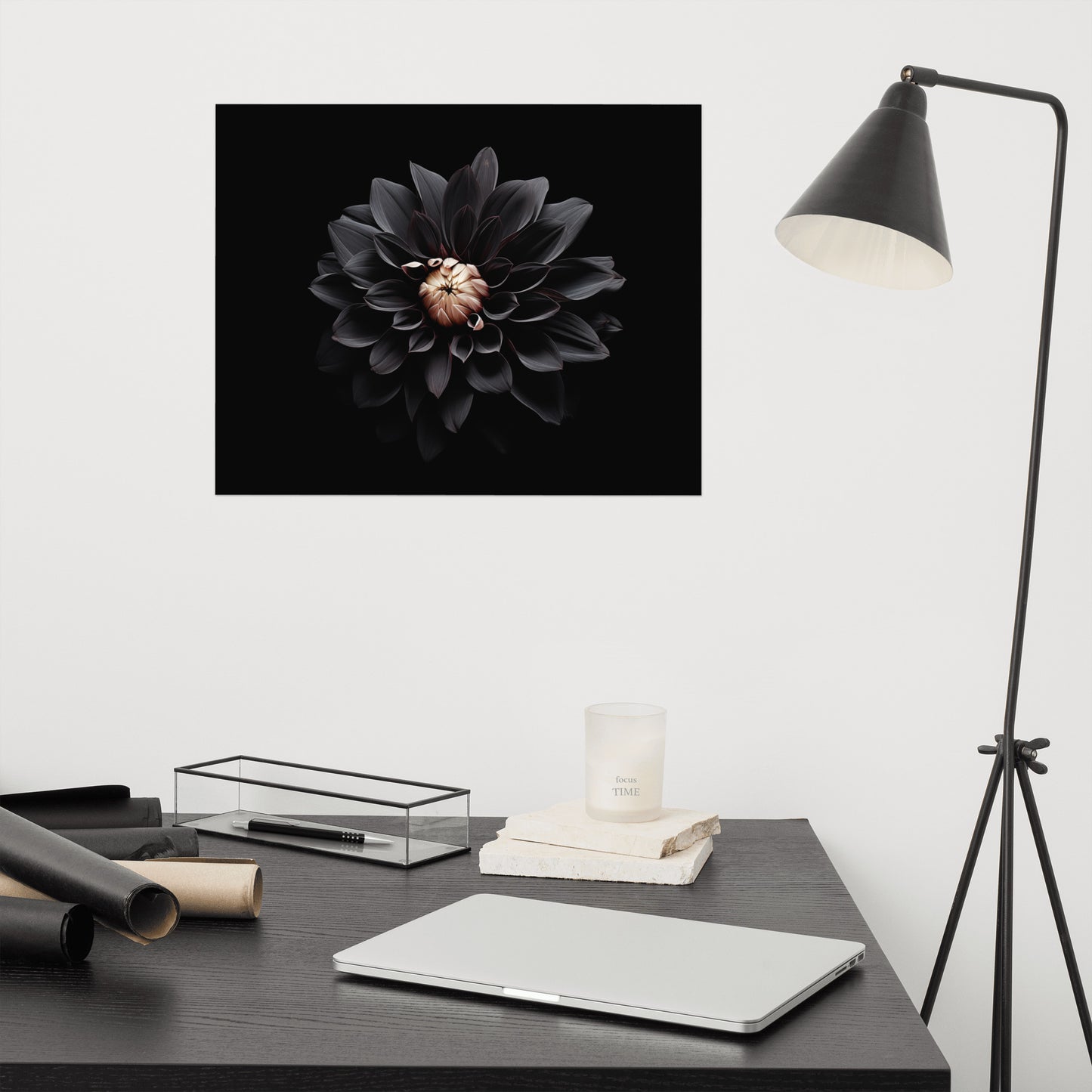 Floral Painting: Dahlia in the Shadows Black Flowers Photorealism - Digital Artwork Loose Art Print