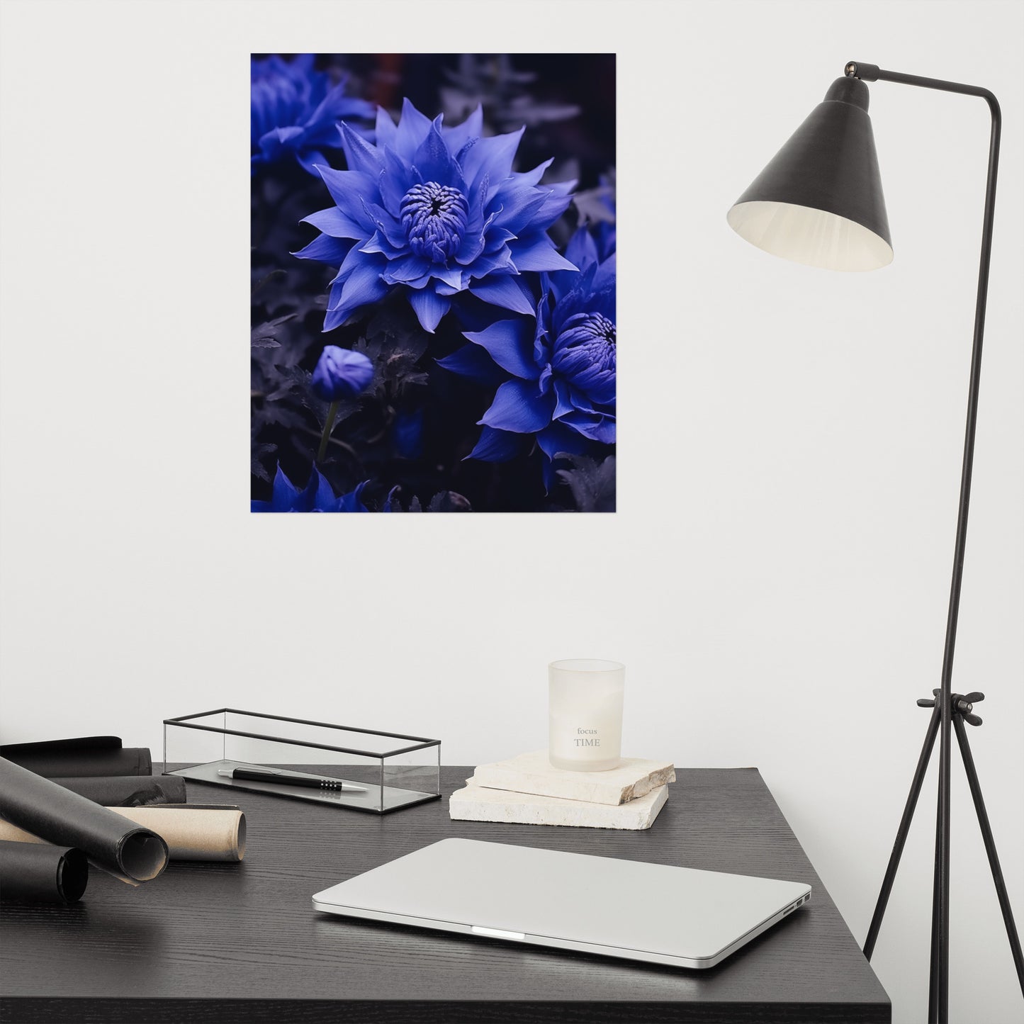 Blue Flower Painting: Dahlia Majesty Photorealism - Digital Artwork Loose Art Print