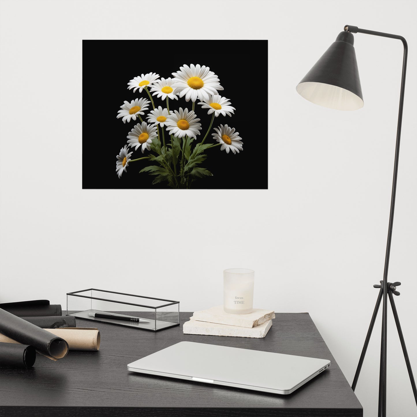 Flower Poster Painting: Daisies on Black Photorealism - Digital Artwork Loose Art Print