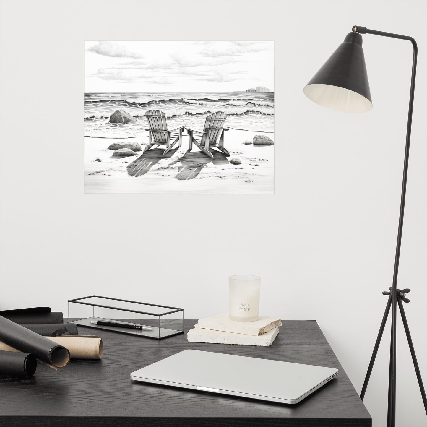 Beach Prints Black and White: Deserted Shores Charcoal Drawing - Digital Artwork Loose Art Print