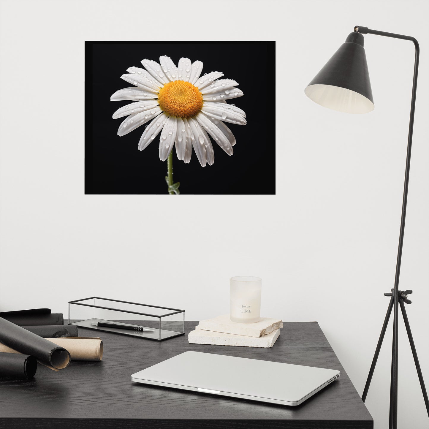 White Flower Black Background Painting: Dew-kissed Daisy Floral Photorealism - Digital Artwork Loose Art Print