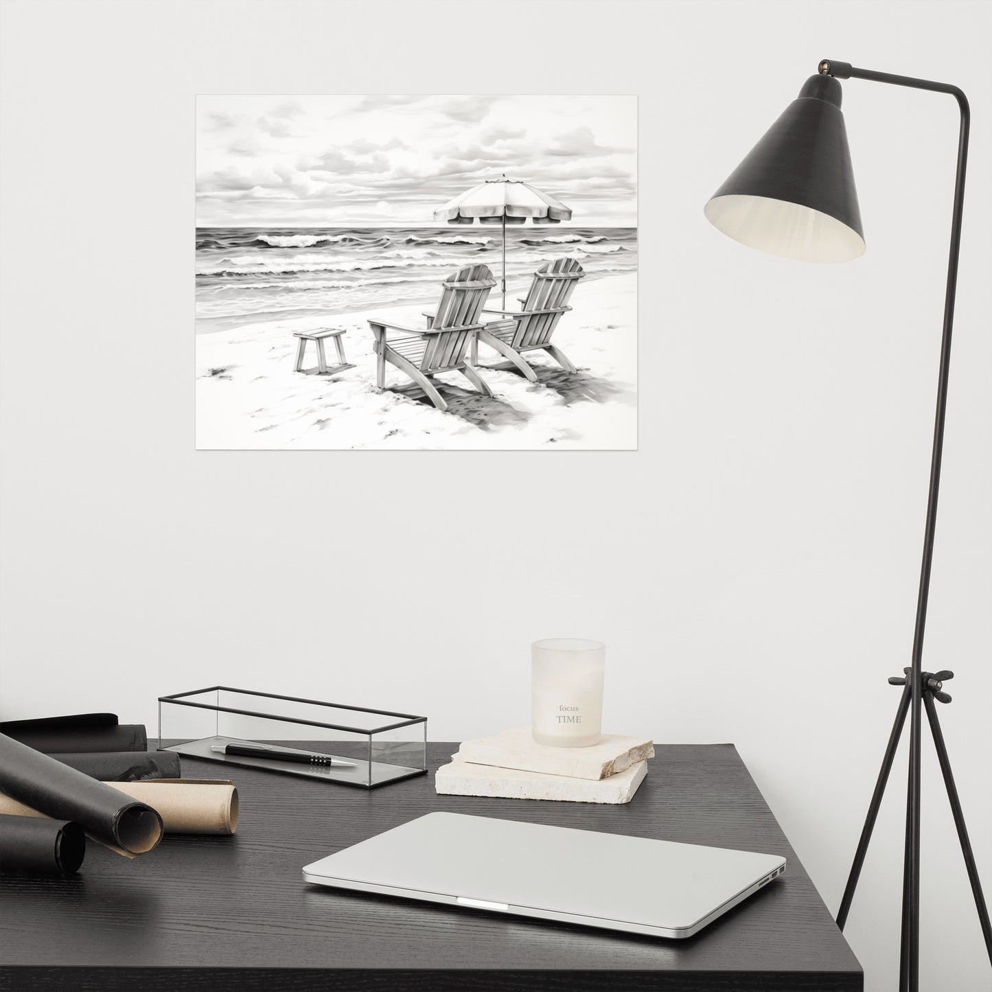 Wall Prints Beach: Ebb Tide Pencil Sketch - Digital Artwork Loose Art Print