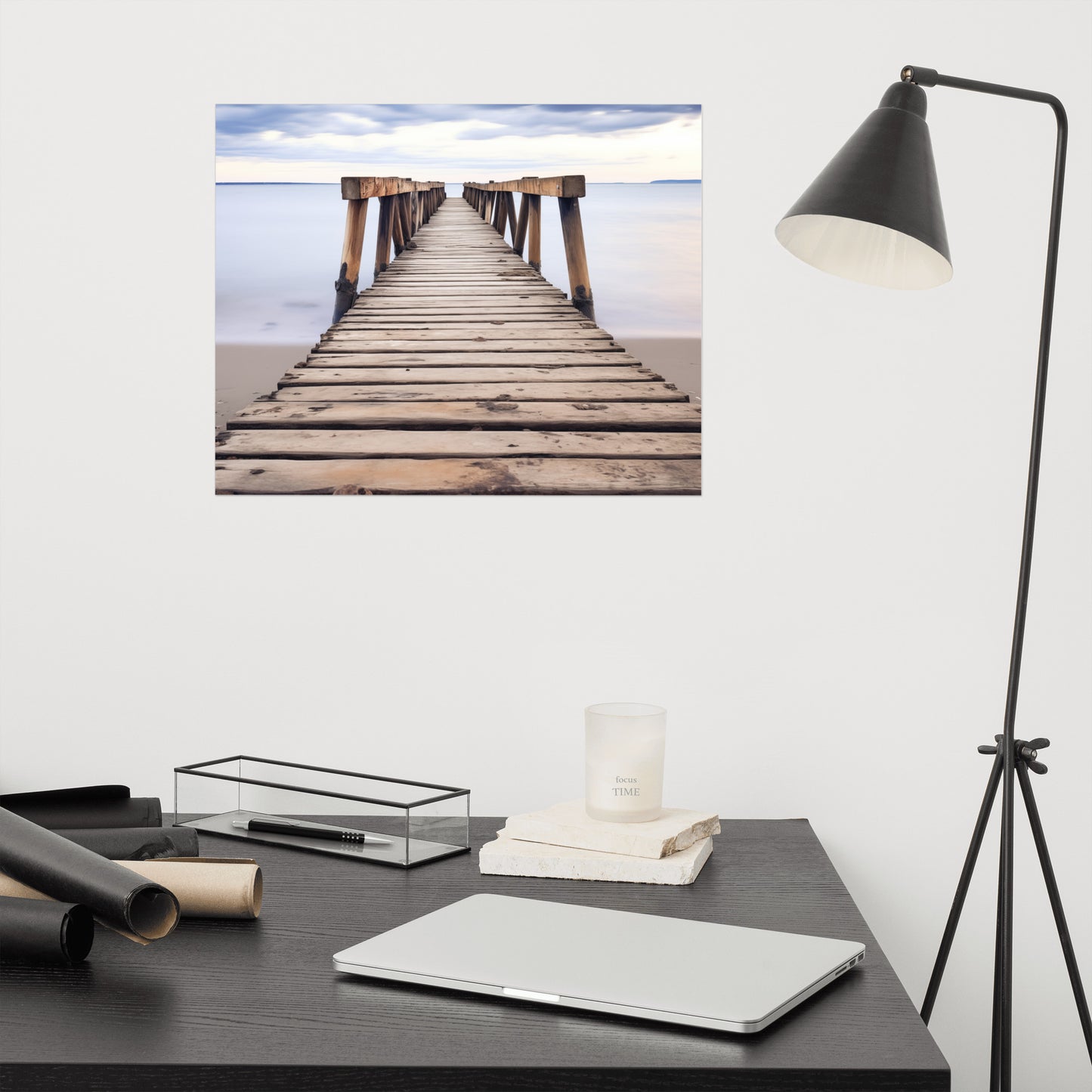 Beach and Coastal Wall Art: Echoes of the Sea Abandoned Weathered Pier Beach Subdued Photorealism - Digital Artwork Loose Art Print