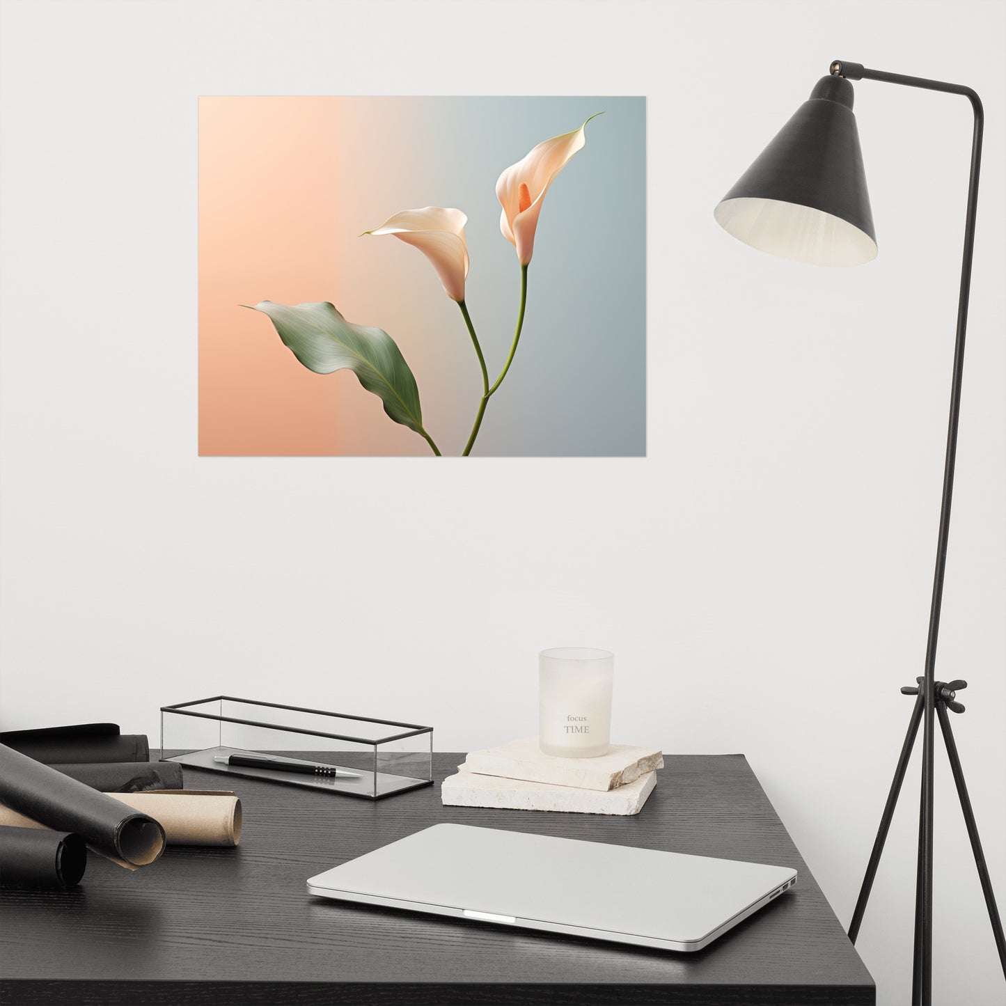 Coral Floral Wall Art: Elegant Embrace Calla Lily Minimal Photorealism - Digital Artwork Loose Art Print