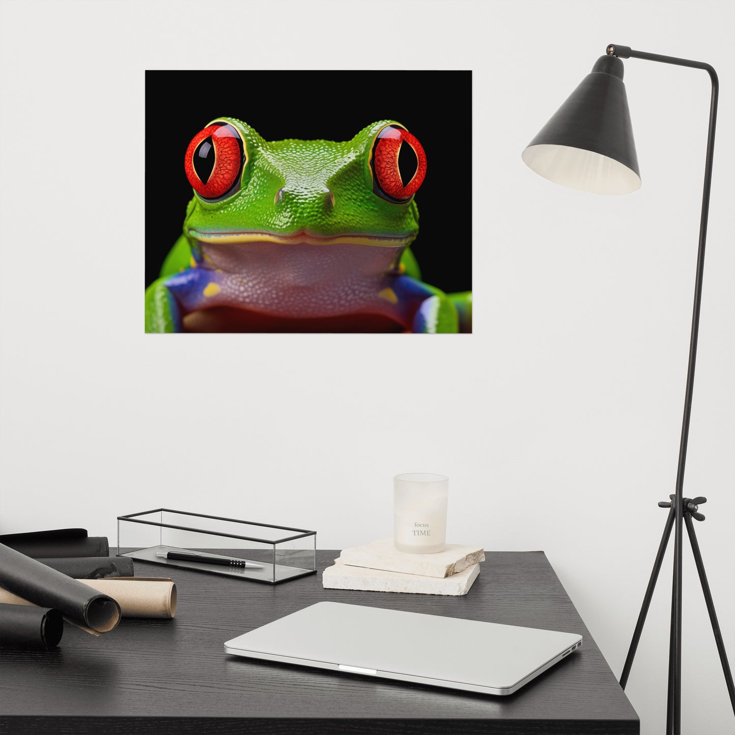 Frog and Toad Wall Art: Emerald Enchantment Red Eyed Tree Frog Close-up Photorealism - Digital Artwork Loose Art Print