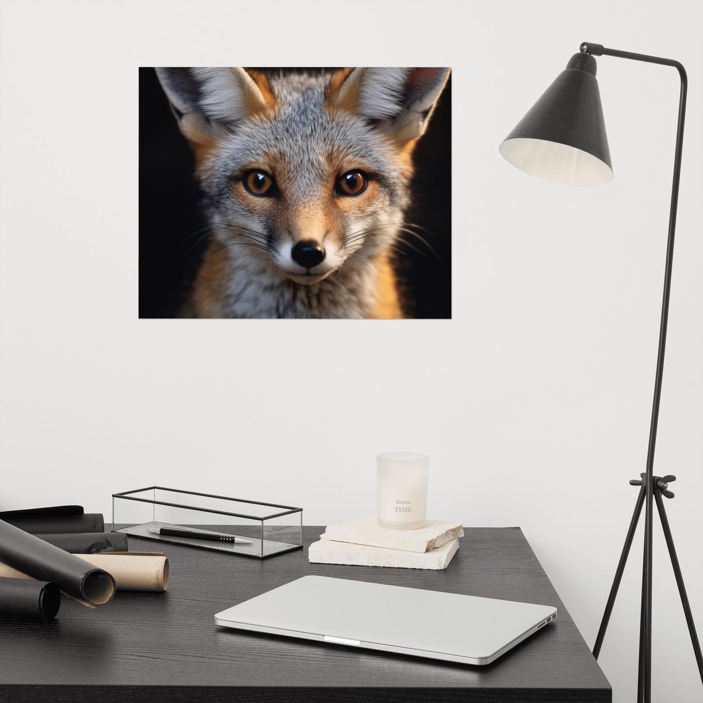 Foxfire Gaze Gray Fox Photorealism - Digital Artwork Loose Art Print