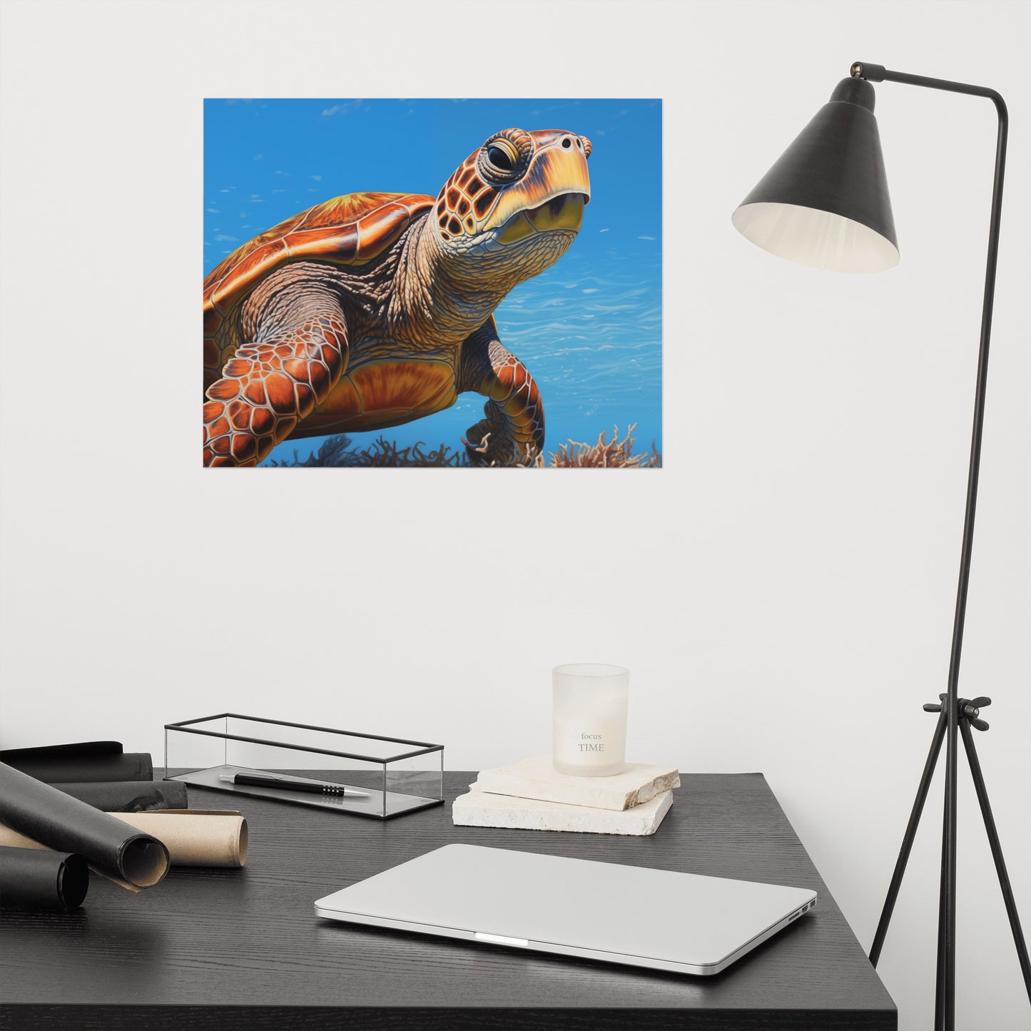 Journey Through the Blue Sea Turtle Coastal Photorealism - Digital Artwork Loose Art Print