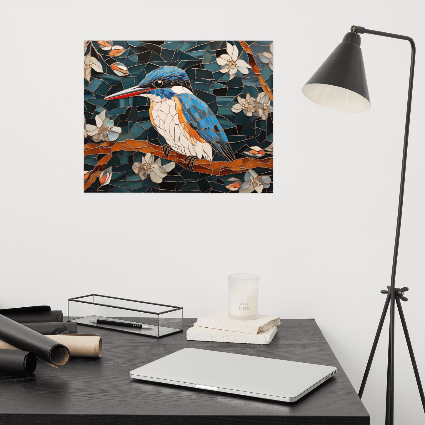 Kingfisher Among Blossoms Mosaic Illustration - Digital Artwork Loose Art Print