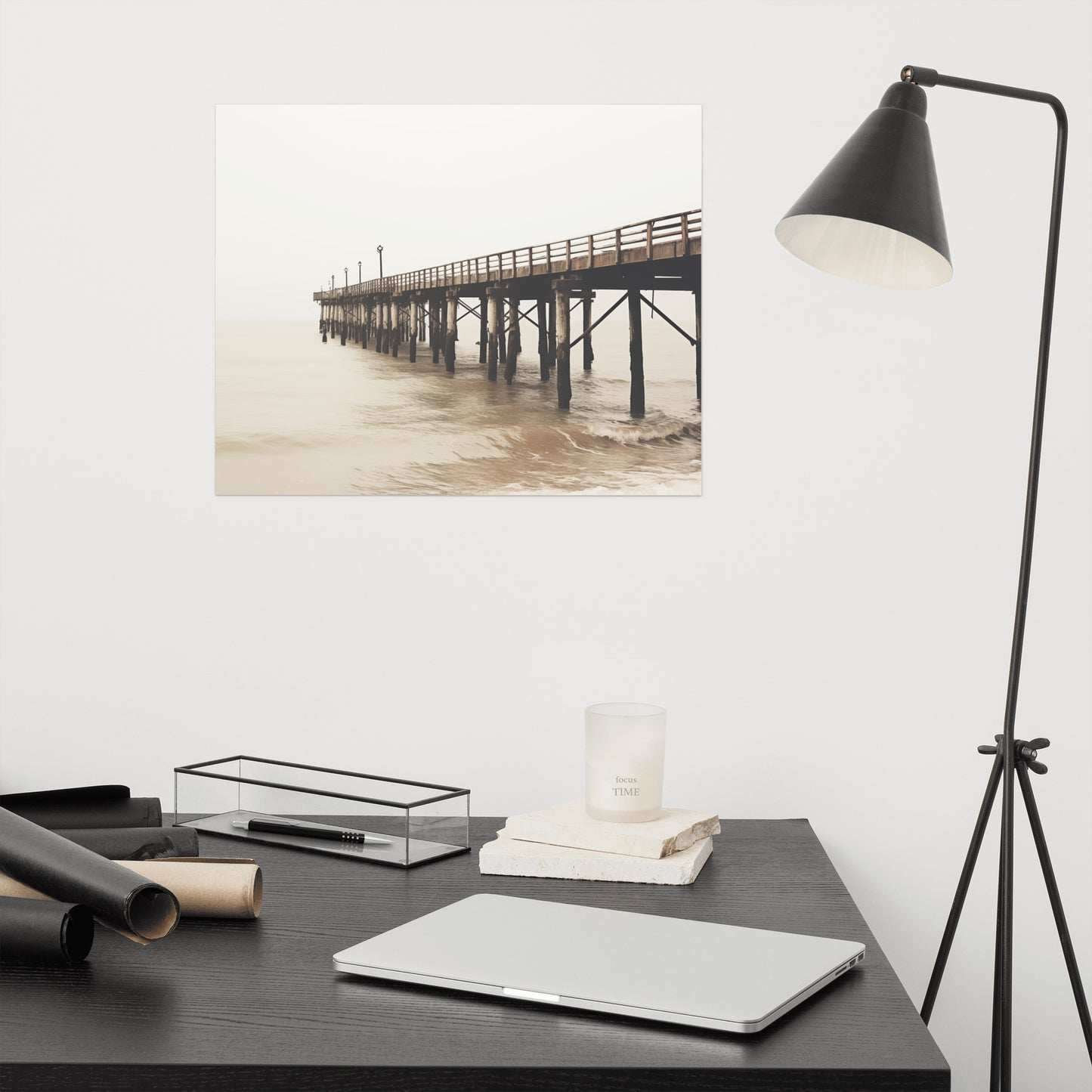 The Pier in the Fog Subdued Retro Coastal Photorealism - Digital Artwork Loose Art Print