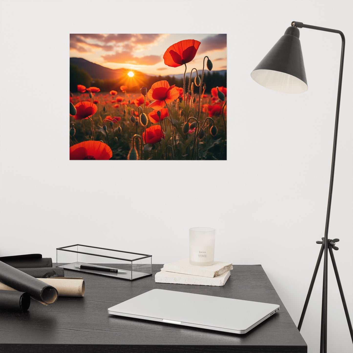 Scarlet Serenade Poppy Field Sunset Photorealism - Digital Artwork Loose Art Print