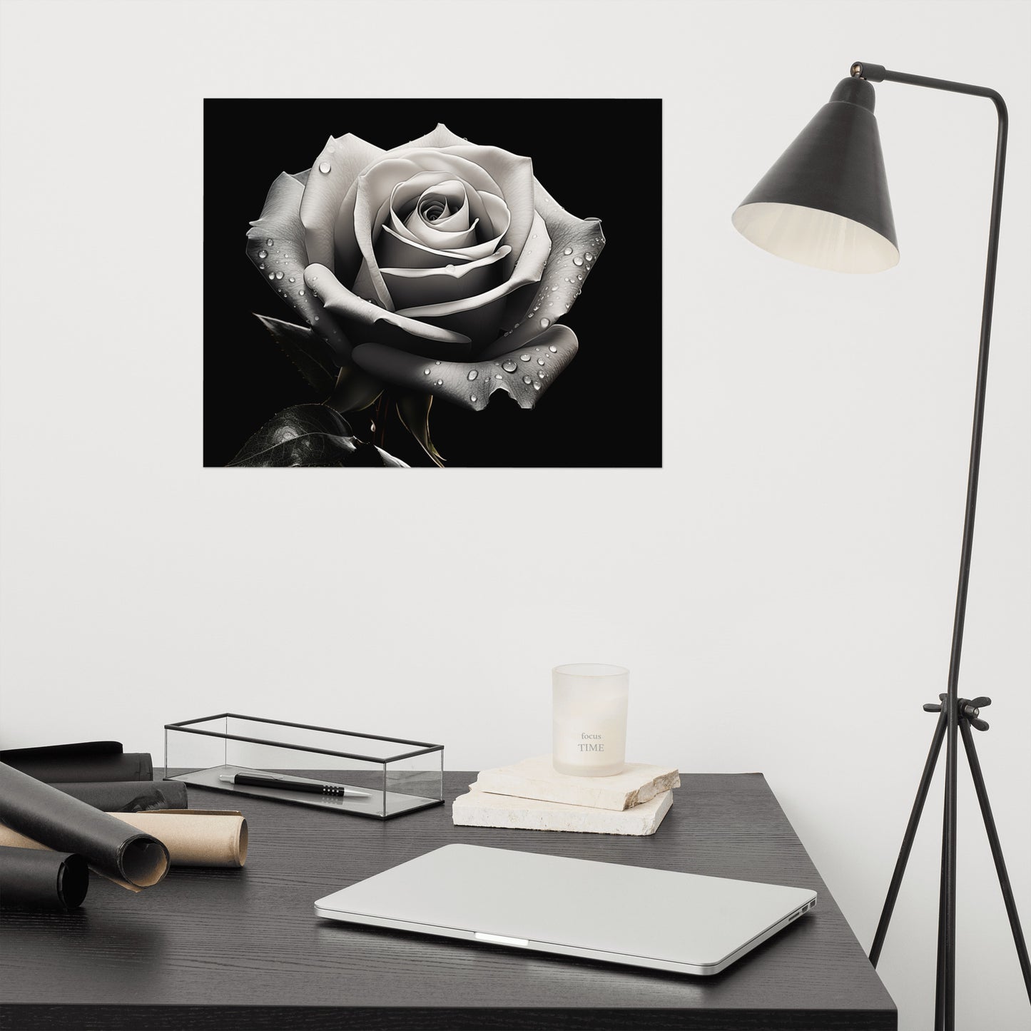 Silver Tears Black and White Rose Photorealism - Digital Artwork Loose Art Print