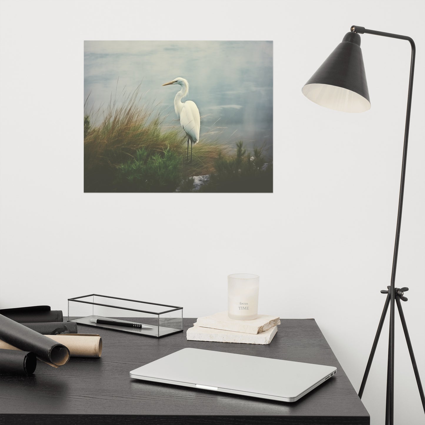 Solitary Sentinel Egret Retro Subdued Photorealism - Digital Artwork Loose Art Print