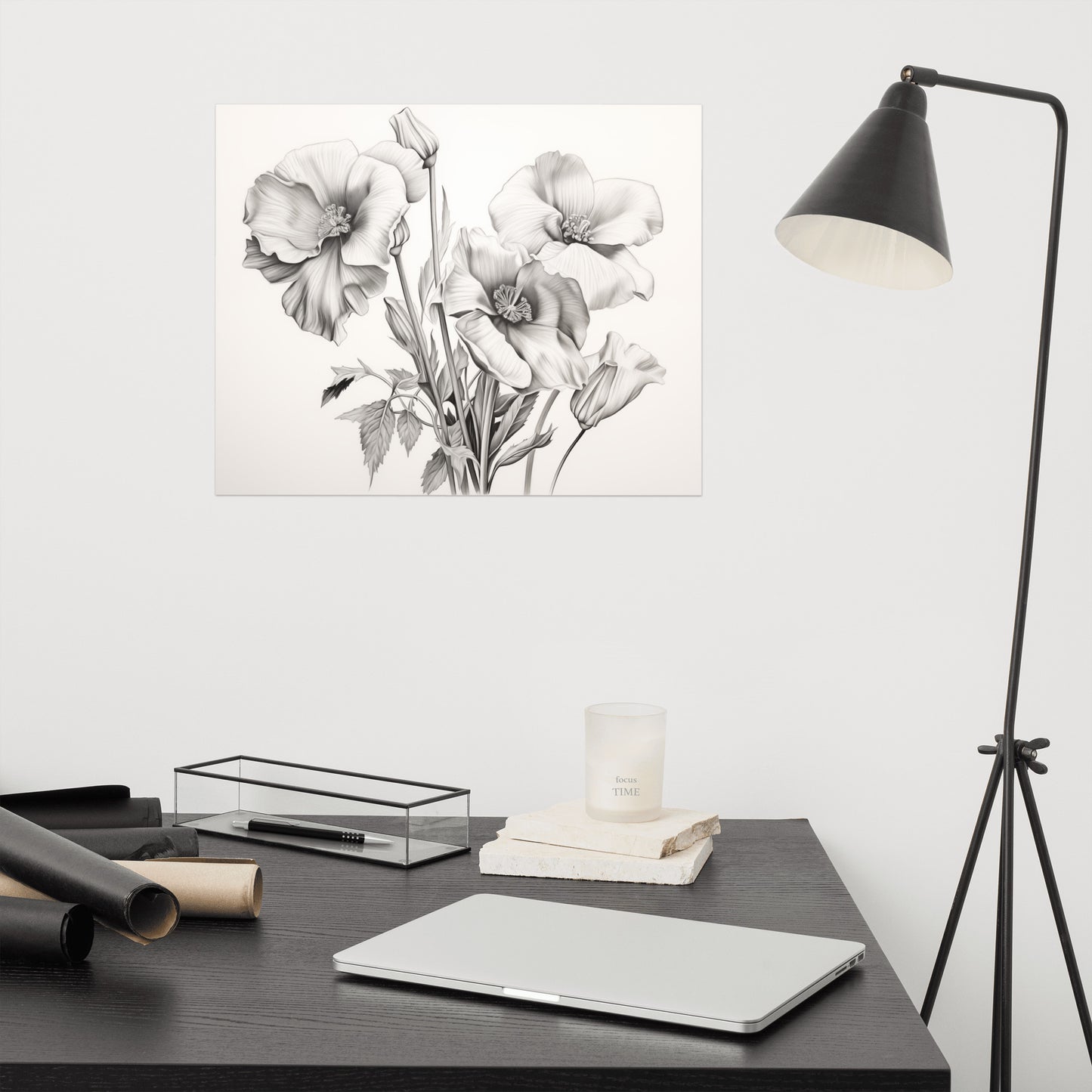 Summer Poppies Charcoal Pencil Sketch - Digital Artwork Loose Art Print