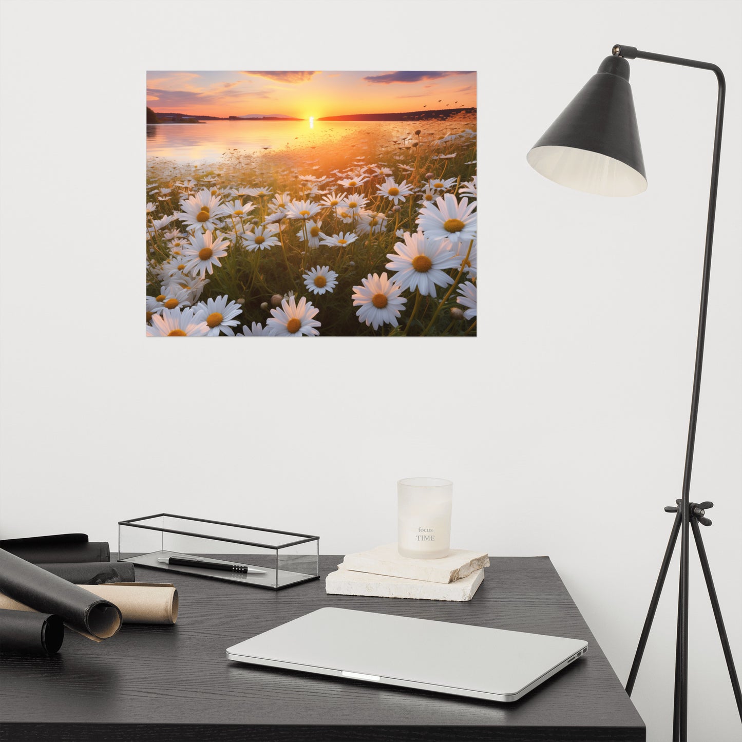 Sunset Serenade Daisy Field Photorealism - Digital Artwork Loose Art Print