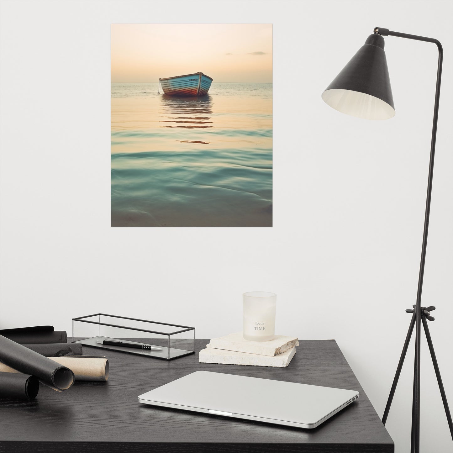 Sunset Silhouette Abandoned Weathered Boat Beach Subdued Photorealism - Digital Artwork Loose Art Print