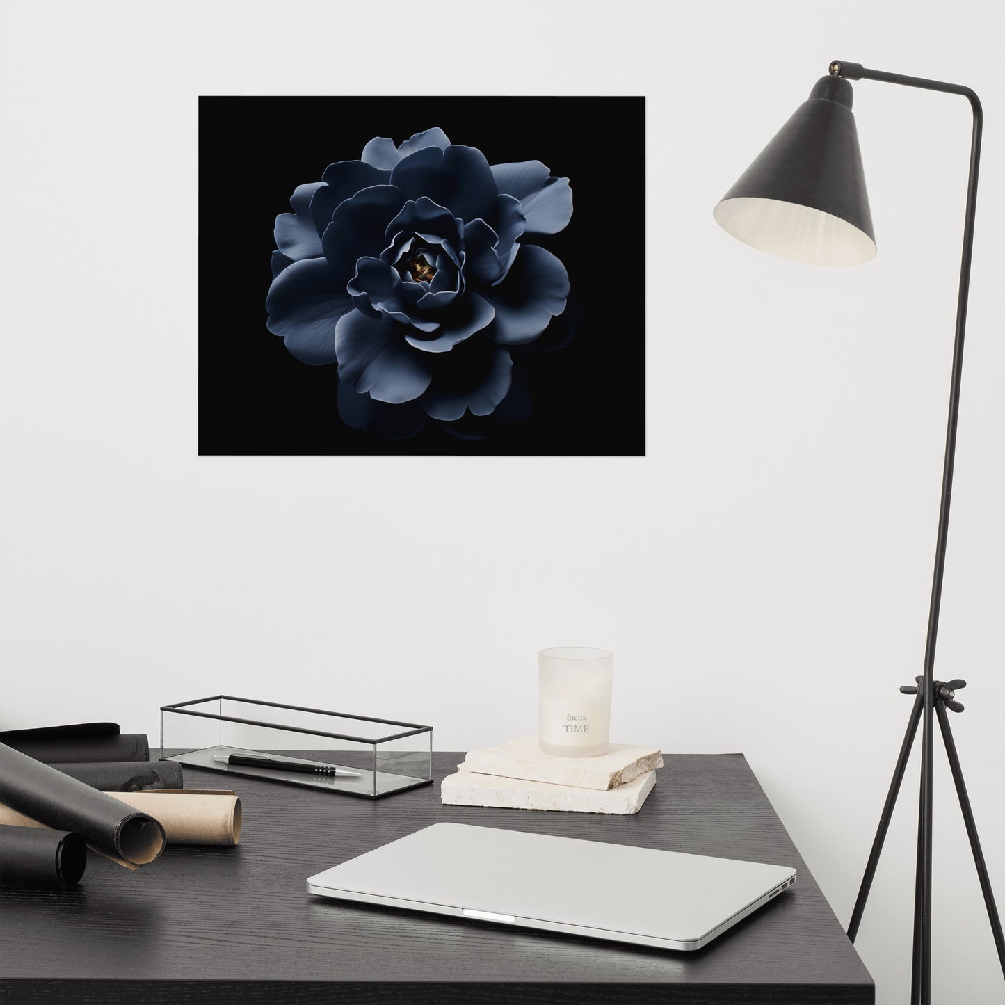 Starlit Blooms Dark Navy Blue Flower - Realism Painting Digital Artwork Loose Art Print