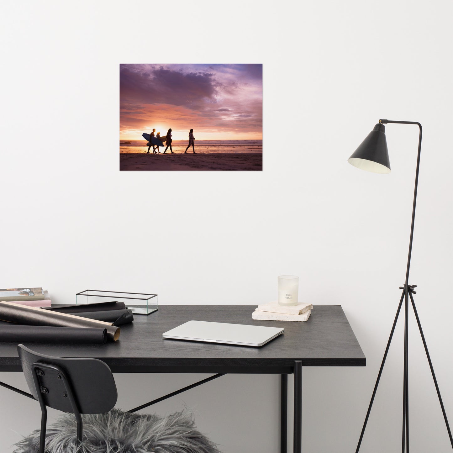 Surfers and Sunset on the Shore Coastal Landscape Lifestyle Photograph Loose Wall Art Print